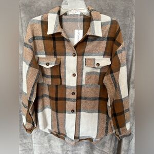 Rosvigor Womens Small Plaid Shacket Button Front Brown Cream NWT